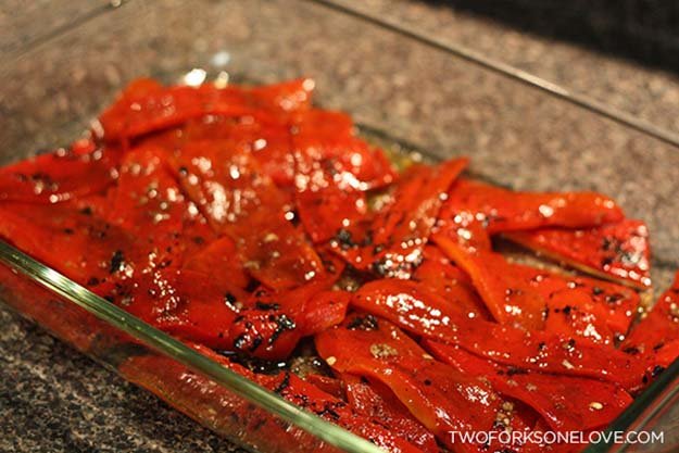 Roasted red peppers in casserole ready to bake