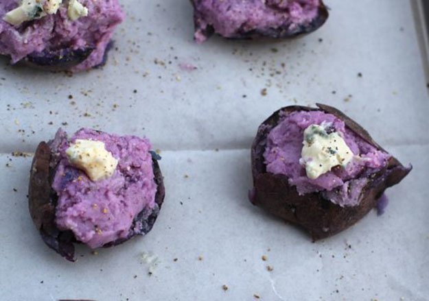 Top off purple potatoes with blue cheese
